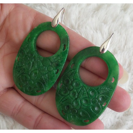 Silver earrings with oval carved green jade