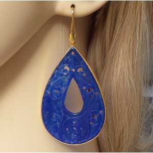 Gold plated earrings large carved blue Jade in frame 