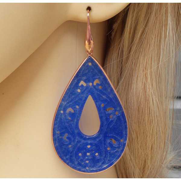 Rosé gold-plated earrings large carved blue Jade in frame 