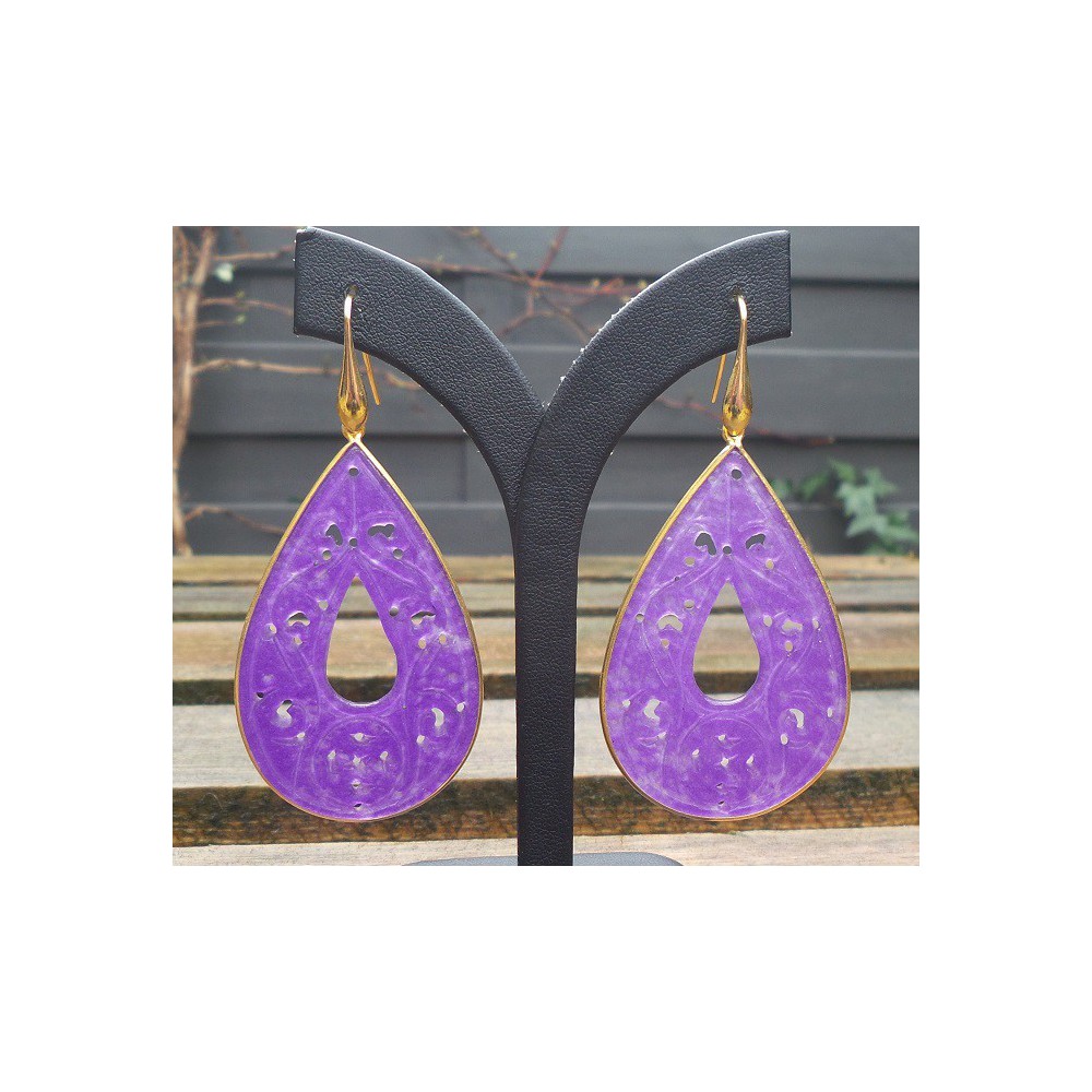 Gilded earrings with large cut purple jade in frame