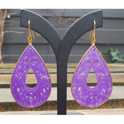 Gilded earrings with large cut purple jade in frame