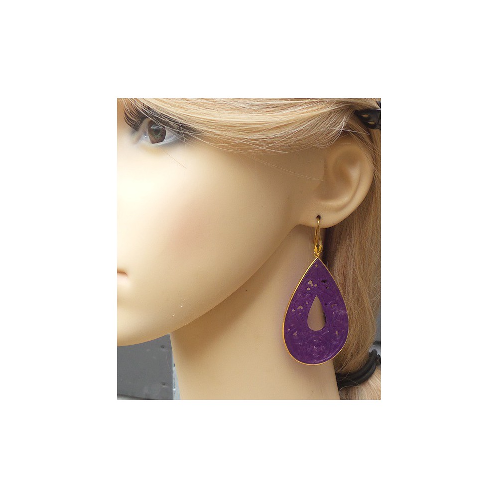 Gilded earrings with large cut purple jade in frame