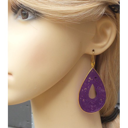 Gilded earrings with large cut purple jade in frame