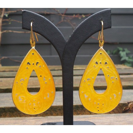 Gilded earrings with large cut orange jade in frame