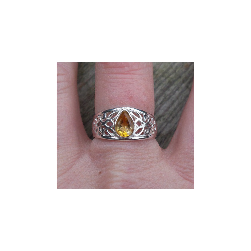 Silver ring set with drop shape facet citrine 18 mm