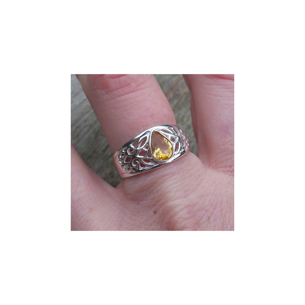 Silver ring set with drop shape facet citrine 18 mm