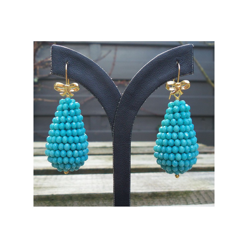 Gilded earrings large drop of turquoise blue kirstallen