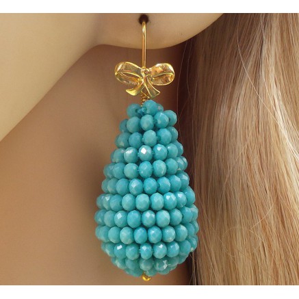 Gilded earrings large drop of turquoise blue kirstallen