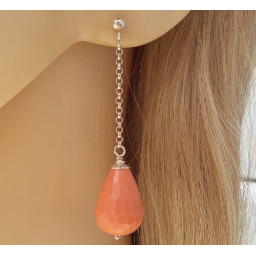 Silver earrings with orange coral briolet