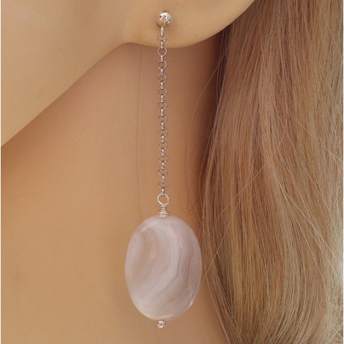 Silver long earrings with oval agate