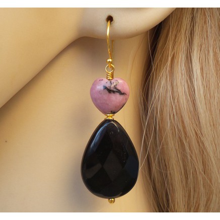 Gilded earrings with black onyx and heart of rhodonite