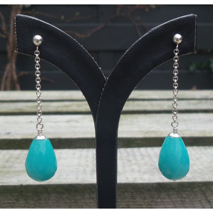 Silver long earrings with blue / green jade briolet