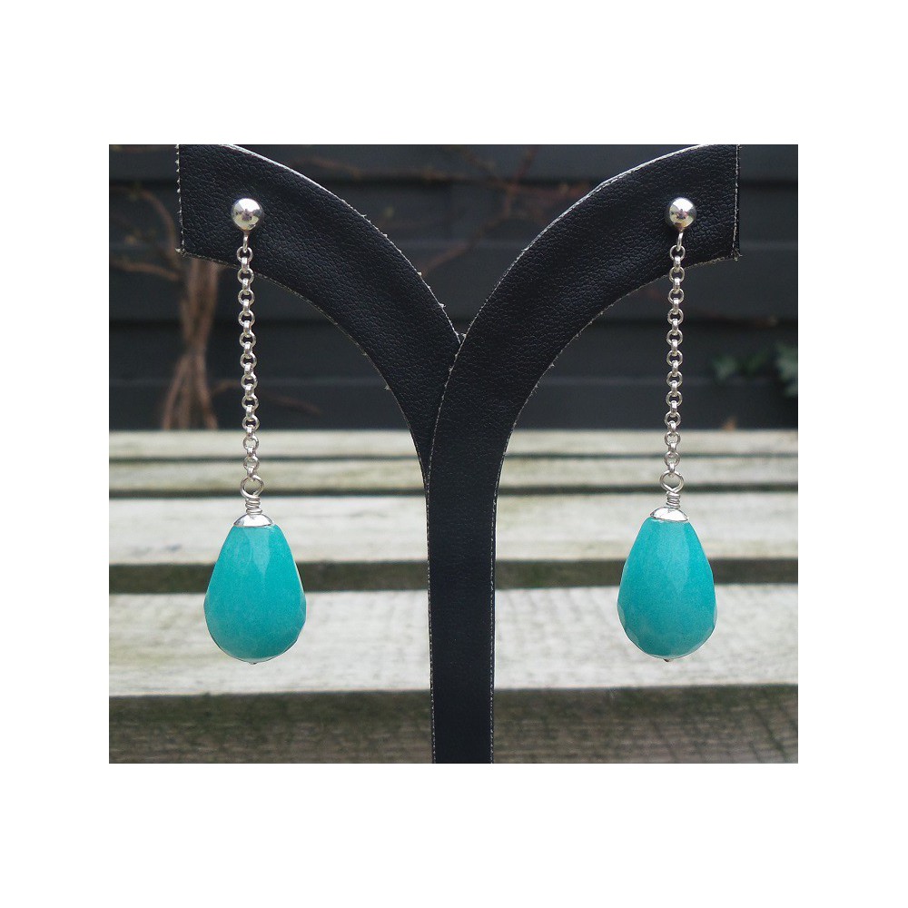 Silver long earrings with blue / green jade briolet