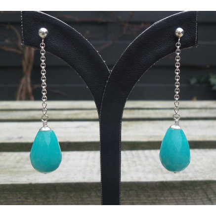 Silver long earrings with blue / green jade briolet