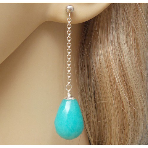 Silver long earrings with blue / green jade briolet