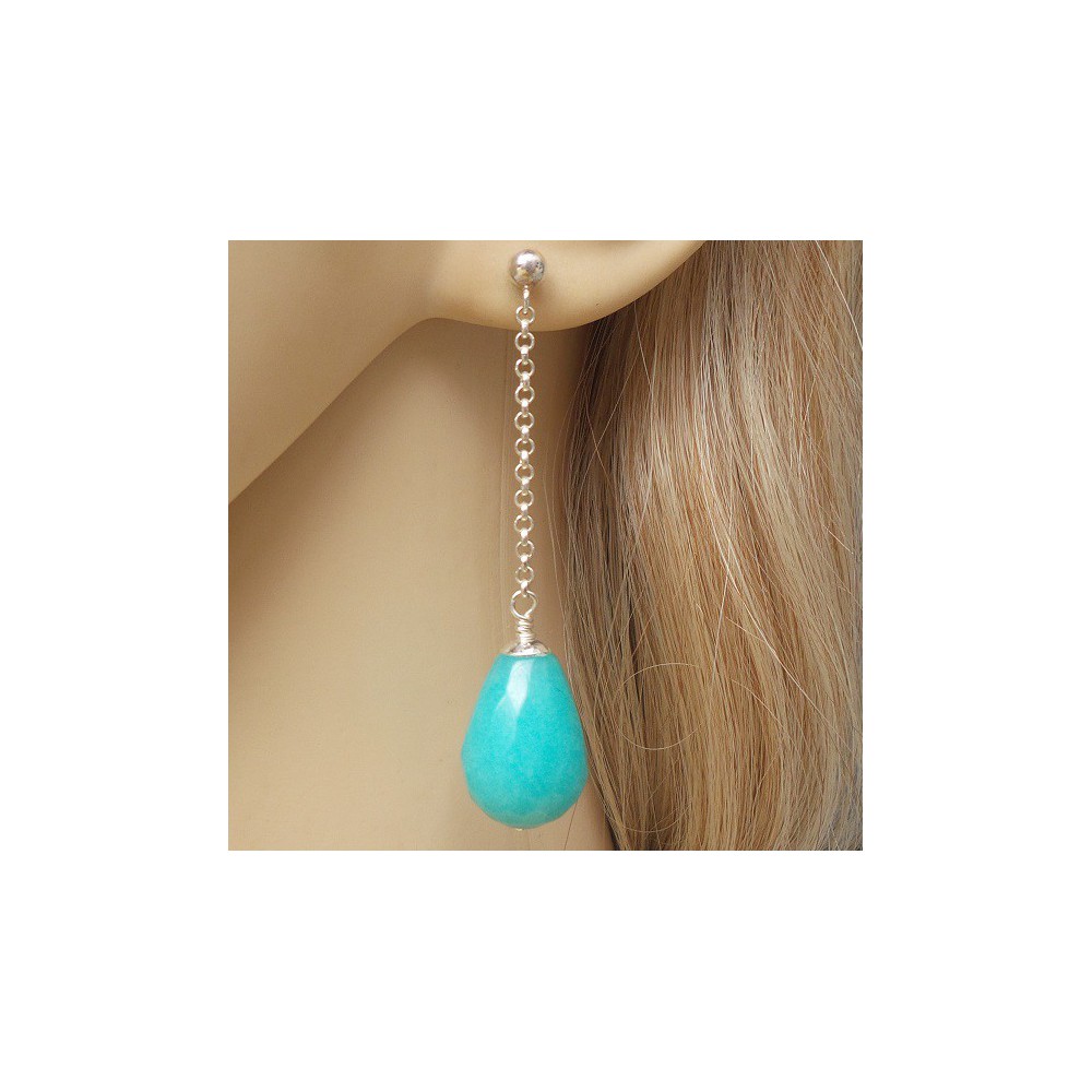 Silver long earrings with blue / green jade briolet