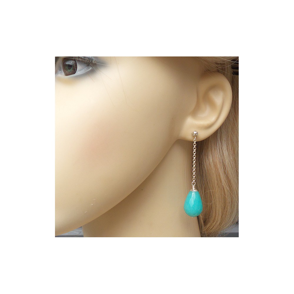 Silver long earrings with blue / green jade briolet