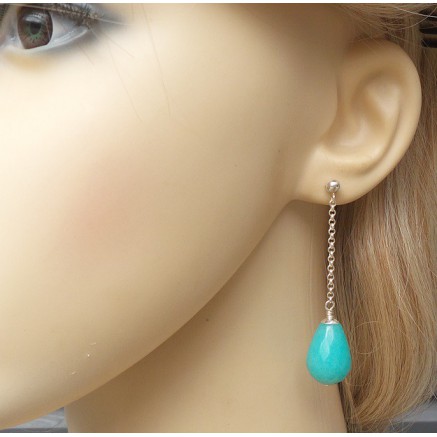 Silver long earrings with blue / green jade briolet