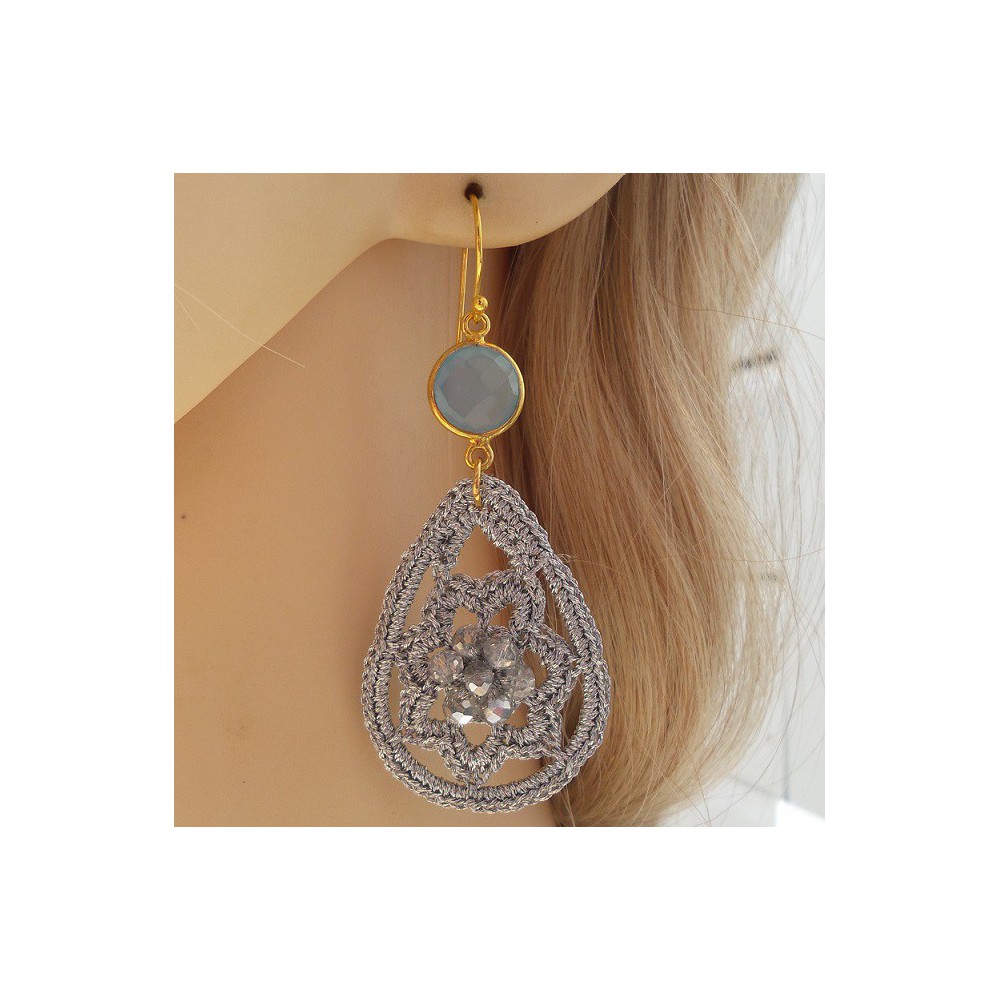 Gilt earrings blue chalcedony and pendant of silk wire