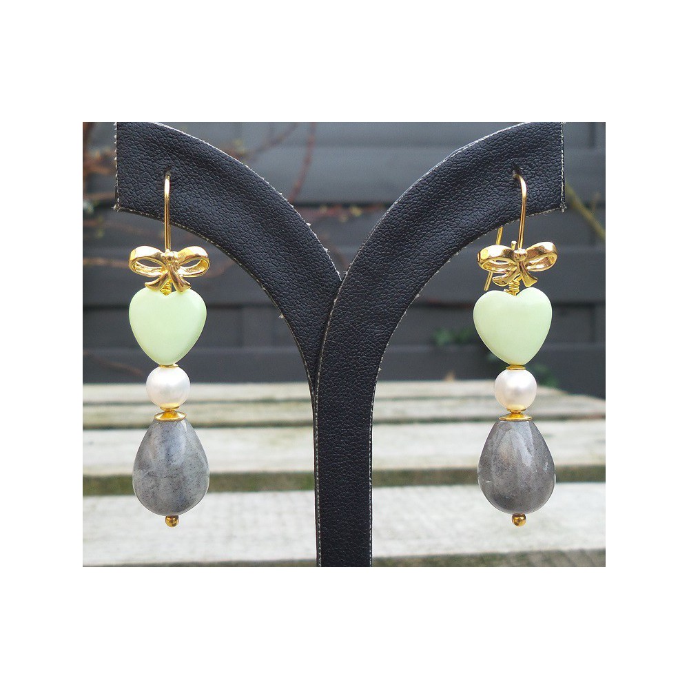 Gilded earrings with labradorite, pearl and lemon chrysopraas