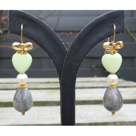 Gilded earrings with labradorite, pearl and lemon chrysopraas