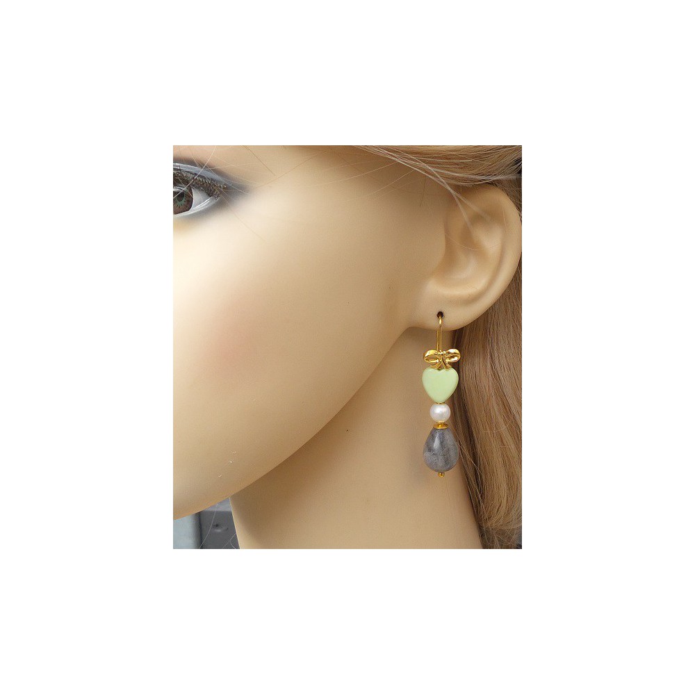 Gilded earrings with labradorite, pearl and lemon chrysopraas