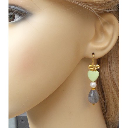 Gilded earrings with labradorite, pearl and lemon chrysopraas