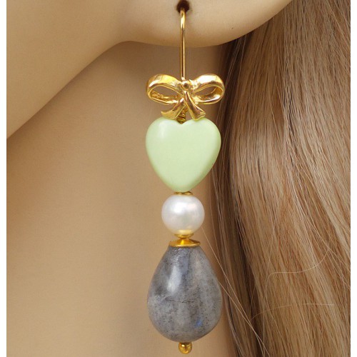 Gilded earrings with labradorite, pearl and lemon chrysopraas