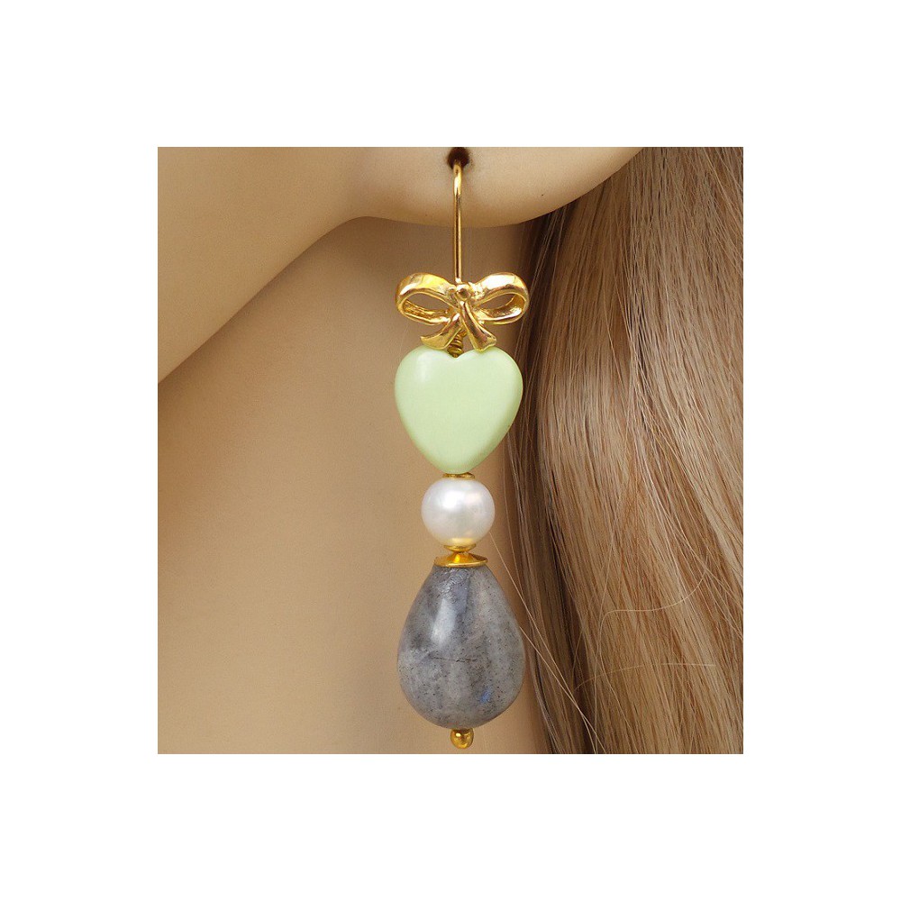 Gilded earrings with labradorite, pearl and lemon chrysopraas