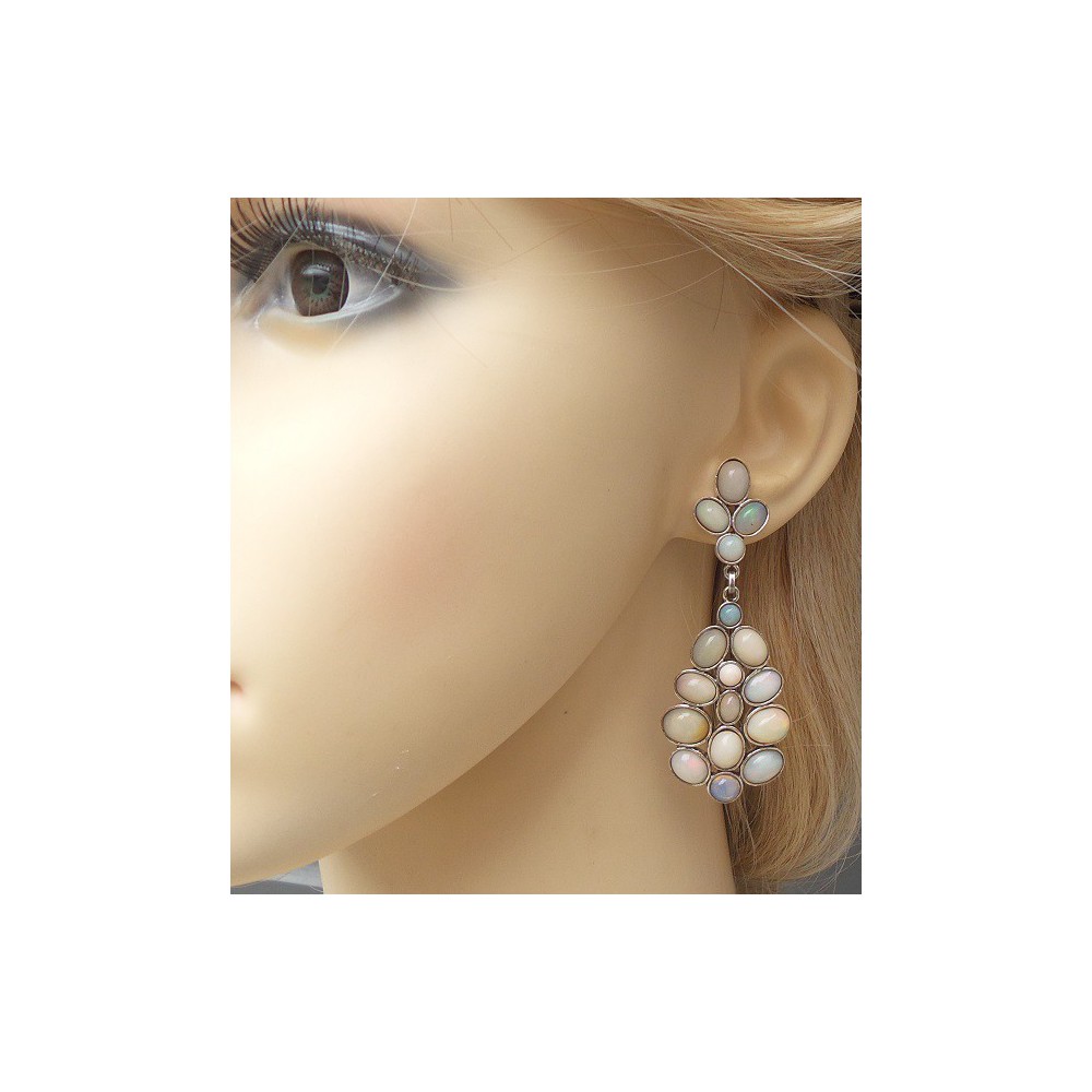 Silver long earrings set with Cabochon Ethiopian opals