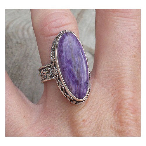 Silberring mit Charoite in bearbeiteten Einstellungsringgröße 17,3 mm