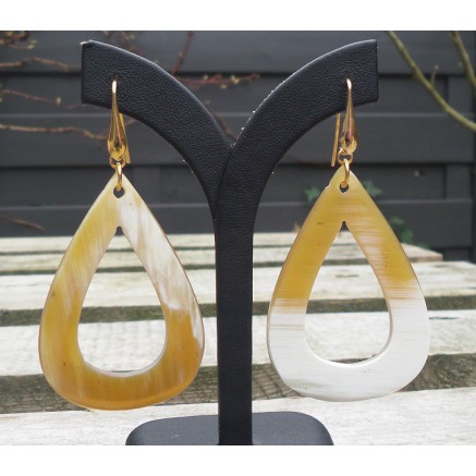 Gilded earrings with an open drop of buffalo horn