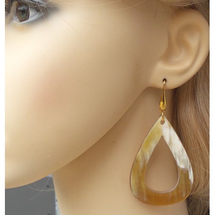 Gilded earrings with an open drop of buffalo horn