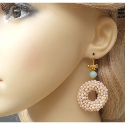 Gilt earrings ring of ivory colorful crystals and amazonite