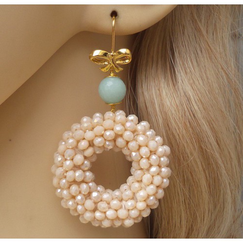 Gilt earrings ring of ivory colorful crystals and amazonite