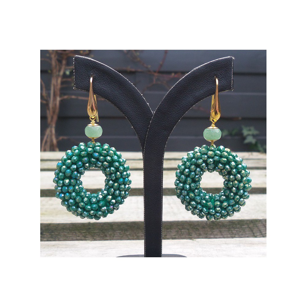 Gold -in earrings ring of metallic green crystals and Aventurine