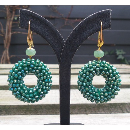 Gold -in earrings ring of metallic green crystals and Aventurine