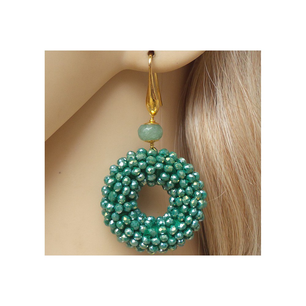 Gold -in earrings ring of metallic green crystals and Aventurine