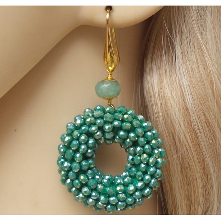 Gold -in earrings ring of metallic green crystals and Aventurine