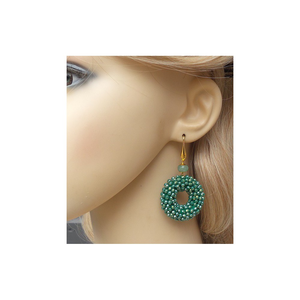 Gold -in earrings ring of metallic green crystals and Aventurine