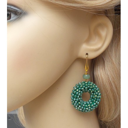 Gold -in earrings ring of metallic green crystals and Aventurine