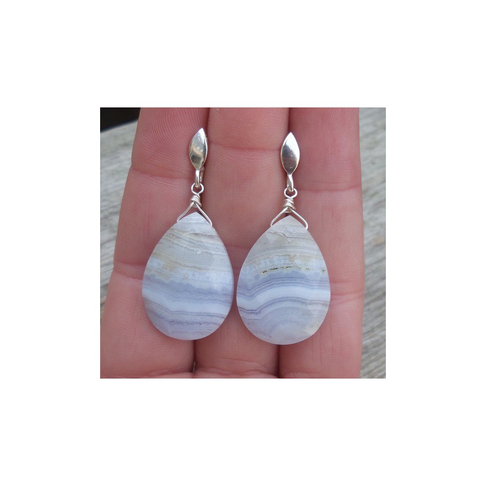 Silver earrings with blue Lace Agate Briolet