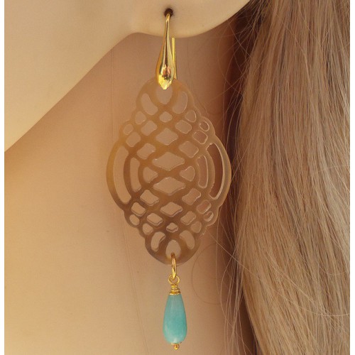 Gold -in earrings carved buffalo horn and blue jade