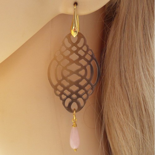 Gold -in earrings carved buffalo horn and pink jade