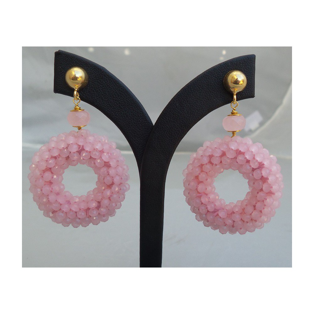 Gilded earrings ring of pink crystals and rose quartz