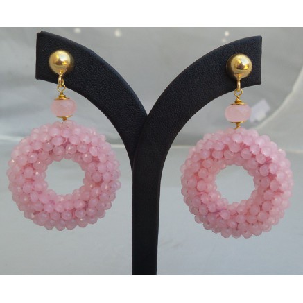 Gilded earrings ring of pink crystals and rose quartz