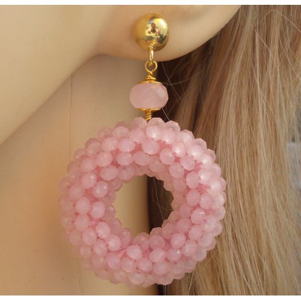 Gilded earrings ring of pink crystals and rose quartz