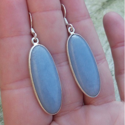 Silver earrings set with oval angelite