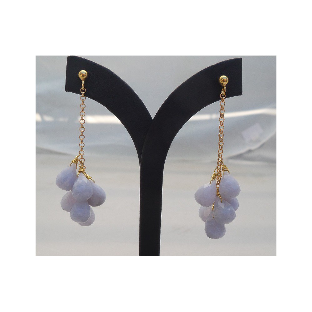 Gilded long earrings with blue lace agate briolettes