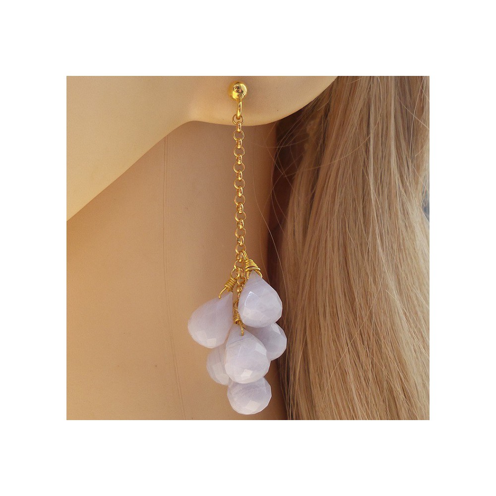 Gilded long earrings with blue lace agate briolettes